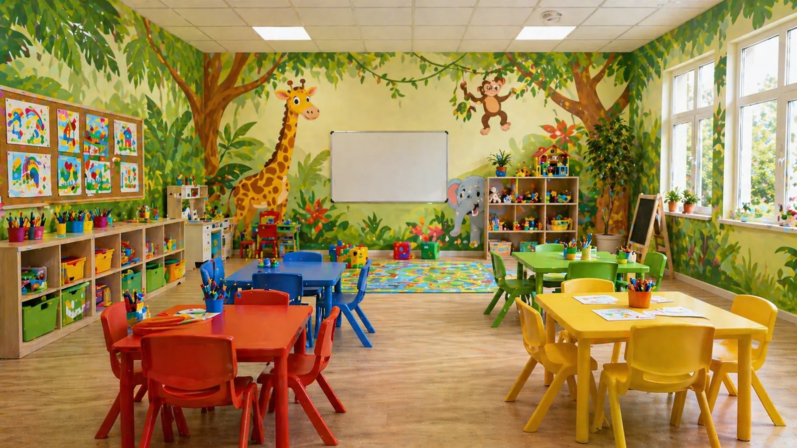 Sală de clasă cu hartă, formule sau ilustrații printate UV pe perete